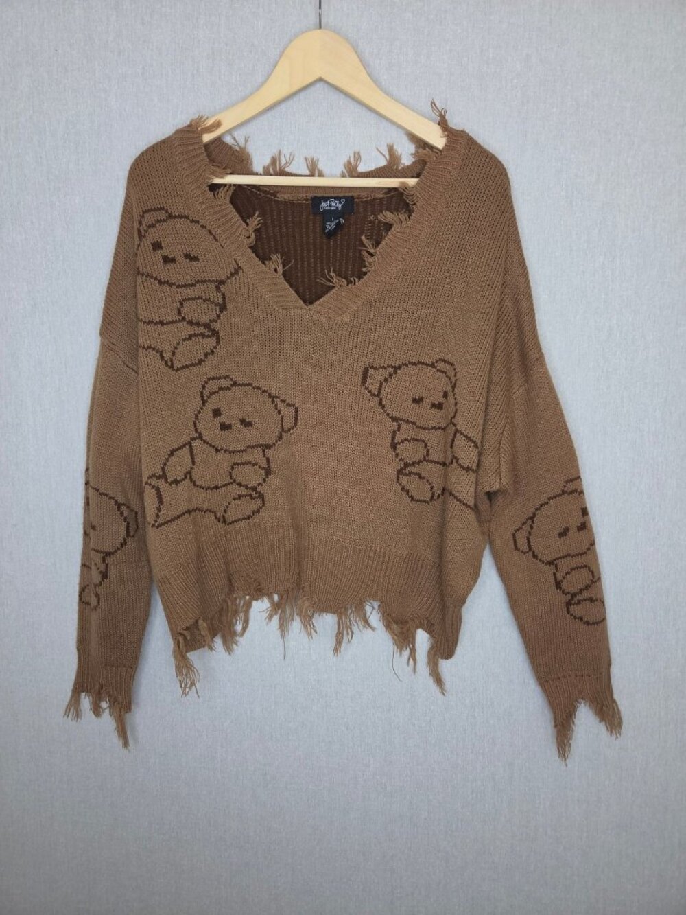 💙 Just Polly New York Brown Teddy Bear Distressed Size L/XL V Neck Sweater Y2K